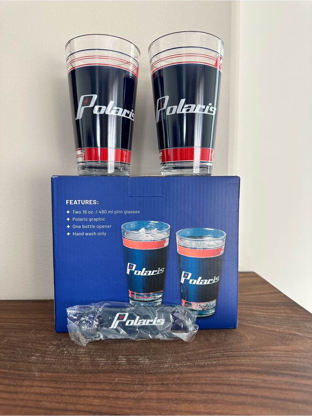 NIB Polaris Branded Pint Glasses - Black with Red Stripe (Set of 2)